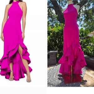 Fuchsia Halter Mermaid Gown with Ruffle Hem – Size 2